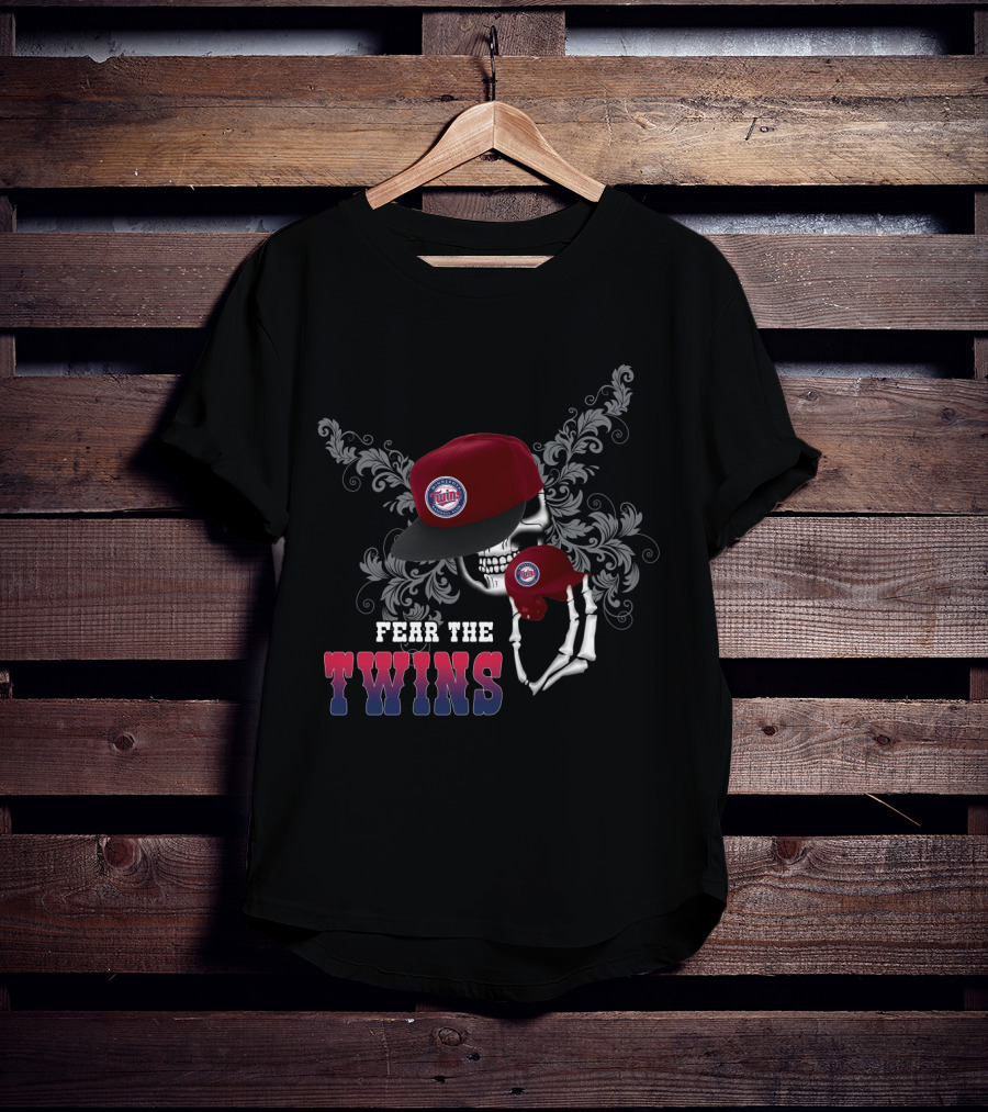 Fear The Twins Skull Design With Cap And Ornament Background T-Shirt