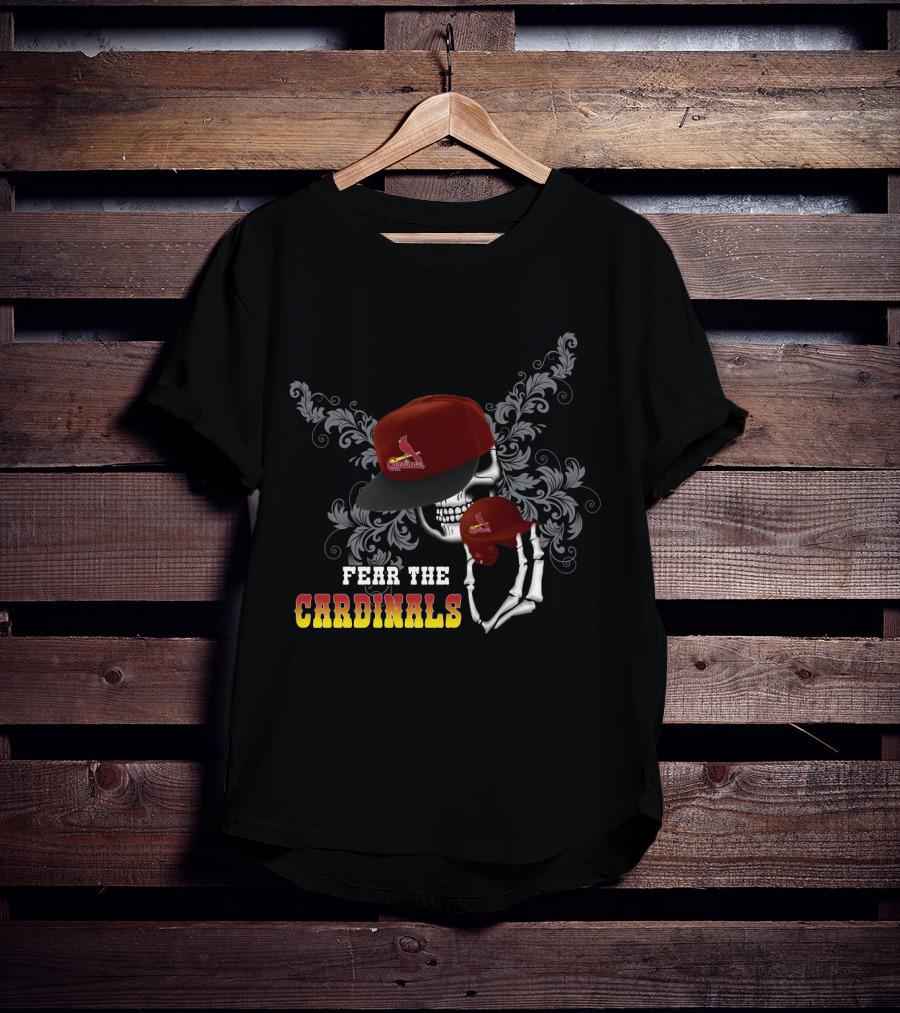 Fear The St. Louis Cardinals Skull With Red Cap And Stylized Floral T-Shirt