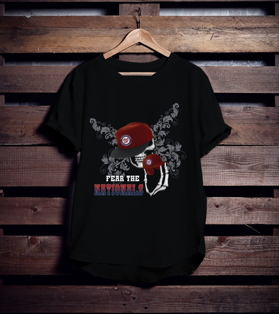 Fear The Washington Nationals Skeleton Skull Grasping Baseball Cap With Ornate Floral Background T-Shirt