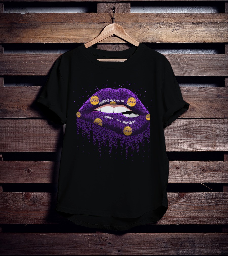 Glitter Purple Lips Decorated With Los Angeles Lakers Basketball Logos For Fans T-Shirt
