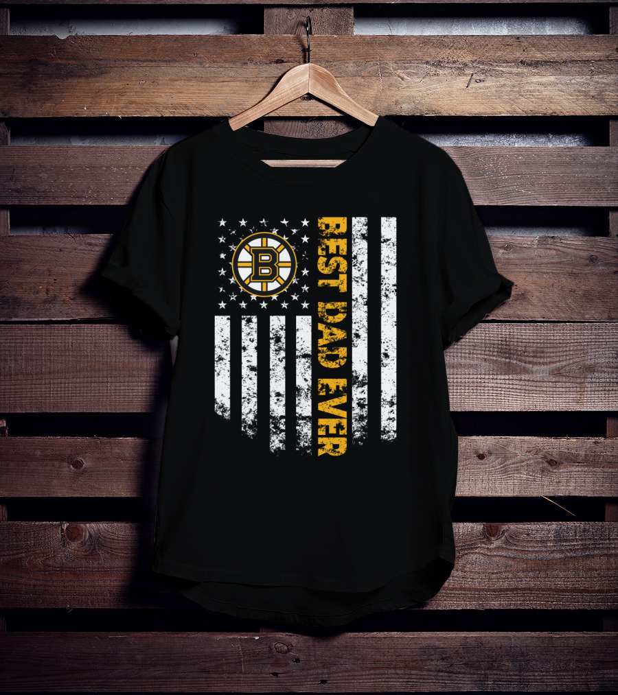 Boston Bruins Best Dad Ever With Vintage American Flag T-Shirt
