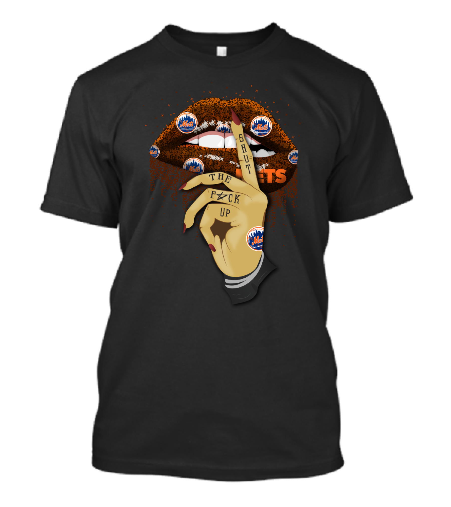 New York Mets Glitter Lips Shut Up Hand Gesture With Team T-Shirt