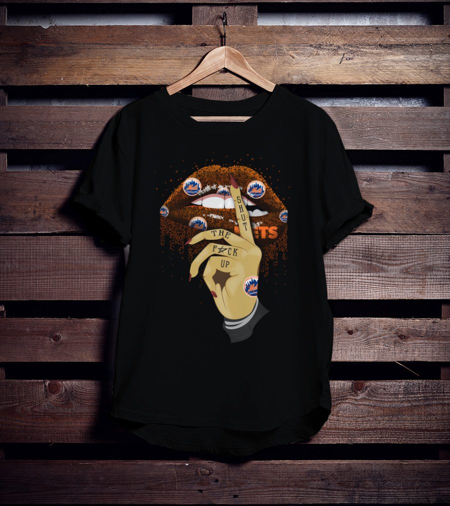 New York Mets Glitter Lips Shut Up Hand Gesture With Team T-Shirt