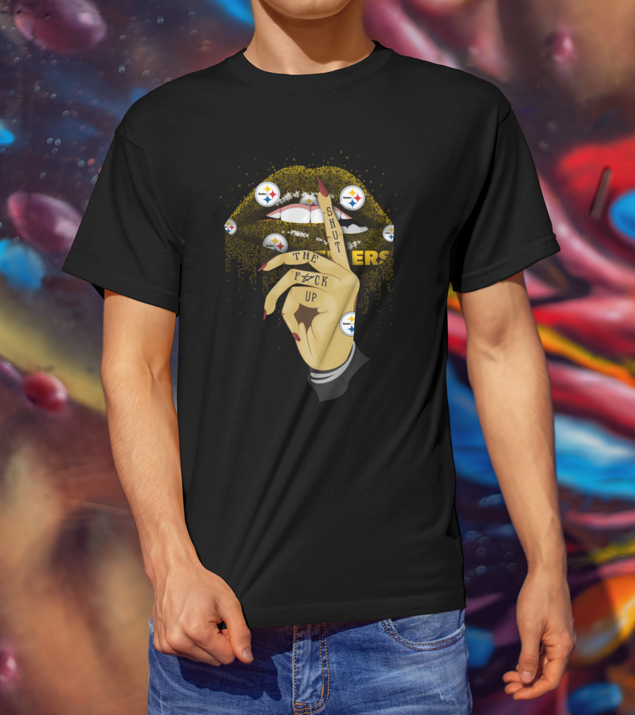 Shut Up Lip With Pittsburgh Steelers Logo And Hand Gesture T-Shirt