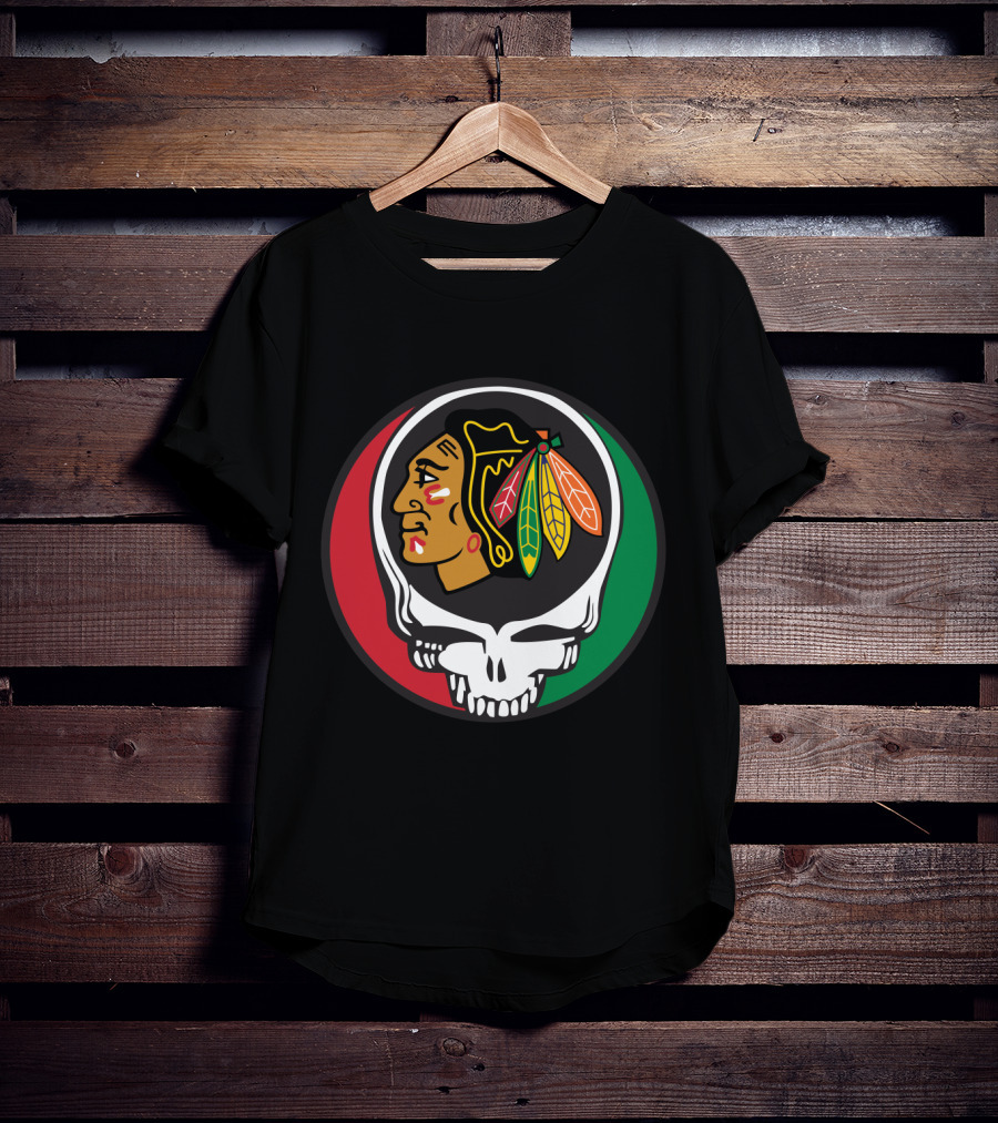 Grateful Dead Skull Chicago Blackhawks Logo Fusion For Fans T-Shirt