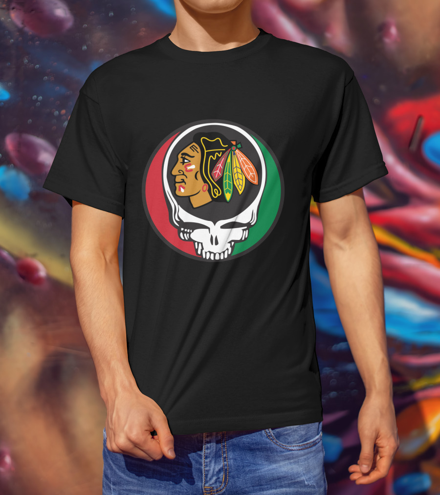 Grateful Dead Skull Chicago Blackhawks Logo Fusion For Fans T-Shirt
