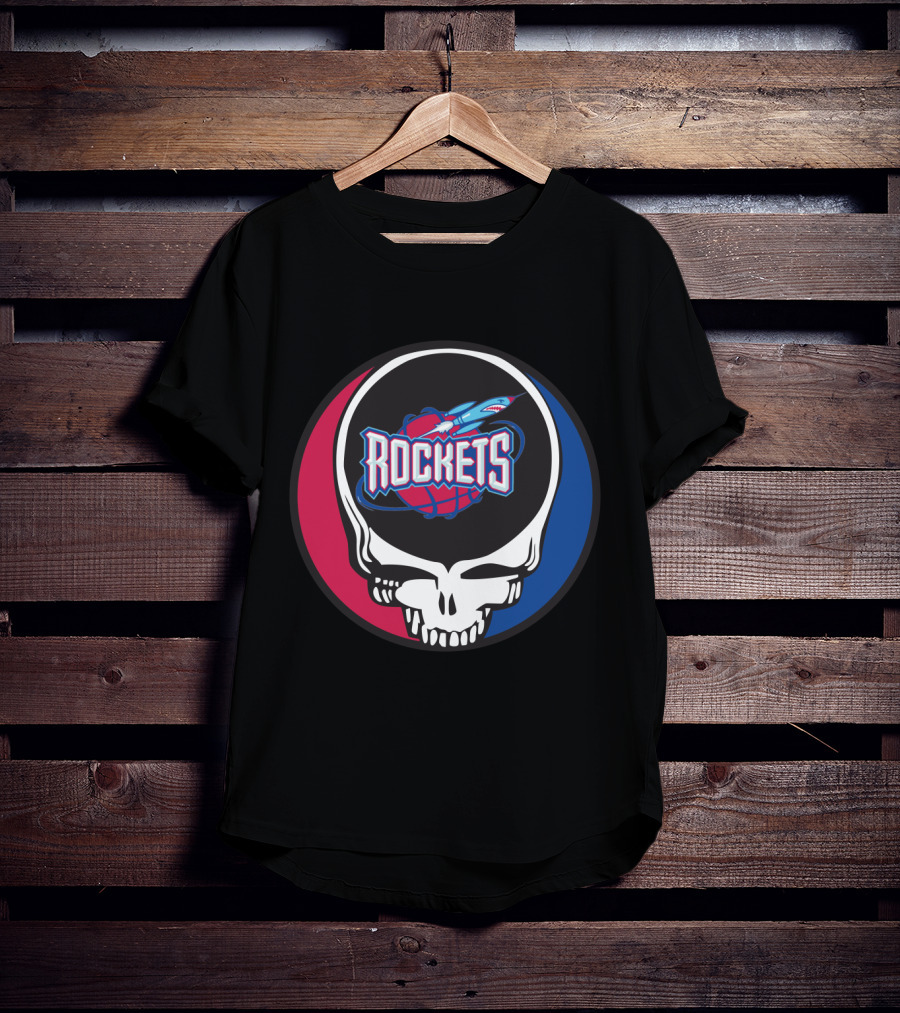 Grateful Dead Skull With Houston Rockets Basketball Logo And Blue Red Circle T-Shirt