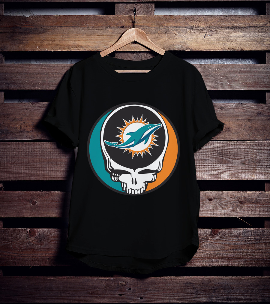 Grateful Dead Skull With Miami Dolphins Logo Fusion For Fans T-Shirt