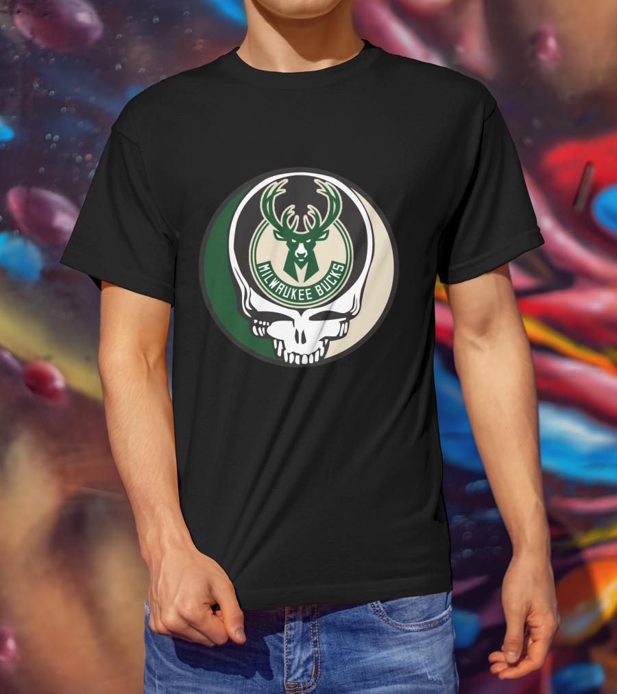 Milwaukee Bucks Grateful Dead Skull Logo Fusion T-Shirt