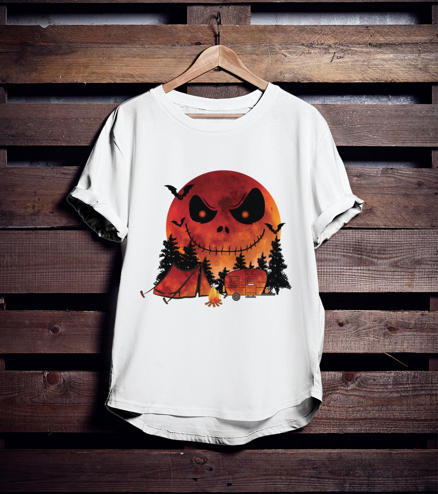 Jack Skellington Halloween Camping Under Blood Moon With Tent And Camper T-Shirt