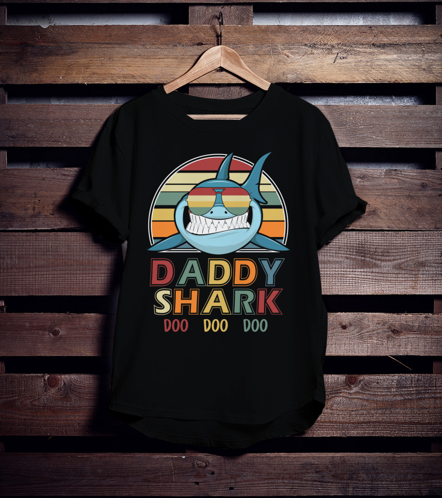 Daddy Shark Retro Vintage Doo Doo Doo Sunglasses Rainbow Stripes T-Shirt
