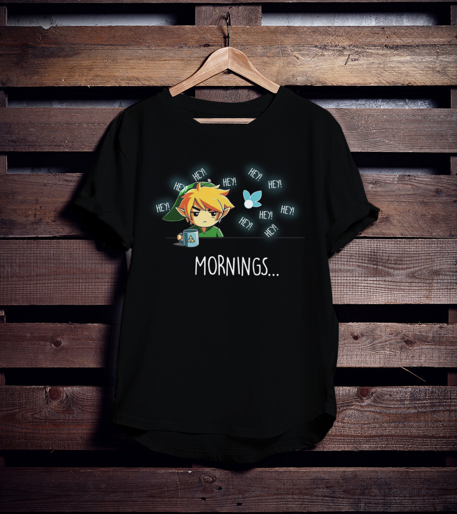 Link Character With Navi Fairy And Coffee Mug In Mornings Hey T-Shirt