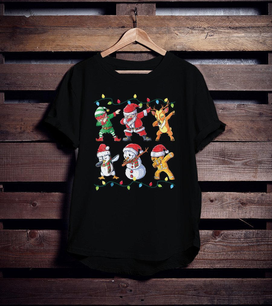 Santa Elf Snowman Penguin Reindeer Gingerbread Dabbing Christmas Lights T-Shirt