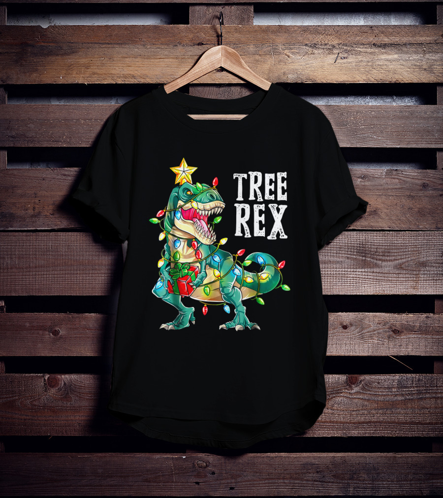 Tree Rex Dinosaur Christmas Lights With Gift And Star T-Shirt