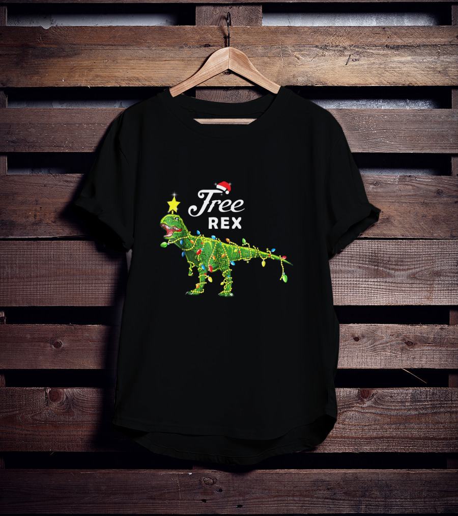 Free Rex Dinosaur Christmas Festive Lights Santa Hat Star Topper T-Shirt
