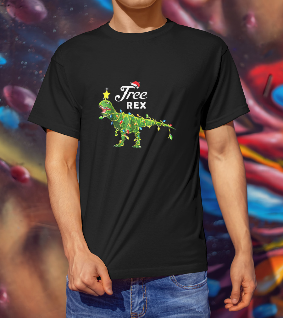Free Rex Dinosaur Christmas Festive Lights Santa Hat Star Topper T-Shirt