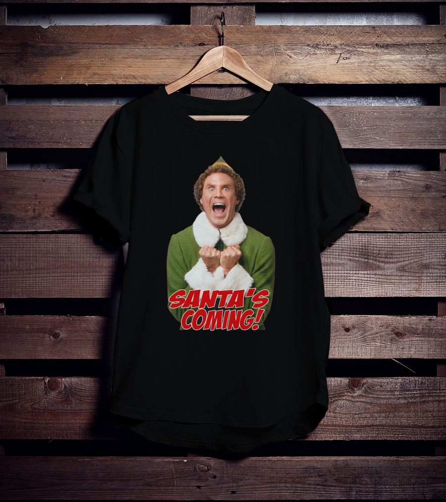 Santa's Coming Excited Elf Green Holiday T-Shirt