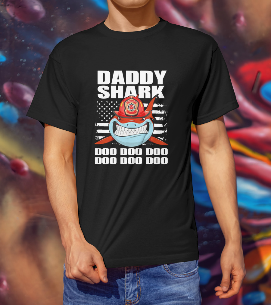 Daddy Shark Firefighter Red Helmet American Flag Doo Doo Doo T-Shirt