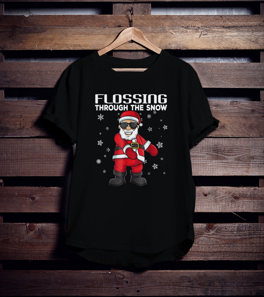 Flossing Through The Snow Santa Claus Sunglasses Surrounded By Snowflakes T-Shirt