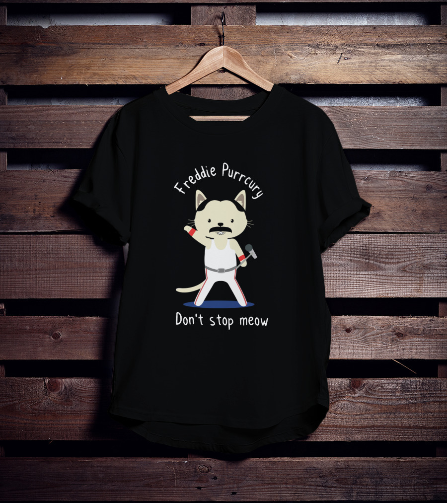 Freddie Purrcury Don't Stop Meow Illustration Of Cat With Microphone In Iconic White T-Shirt