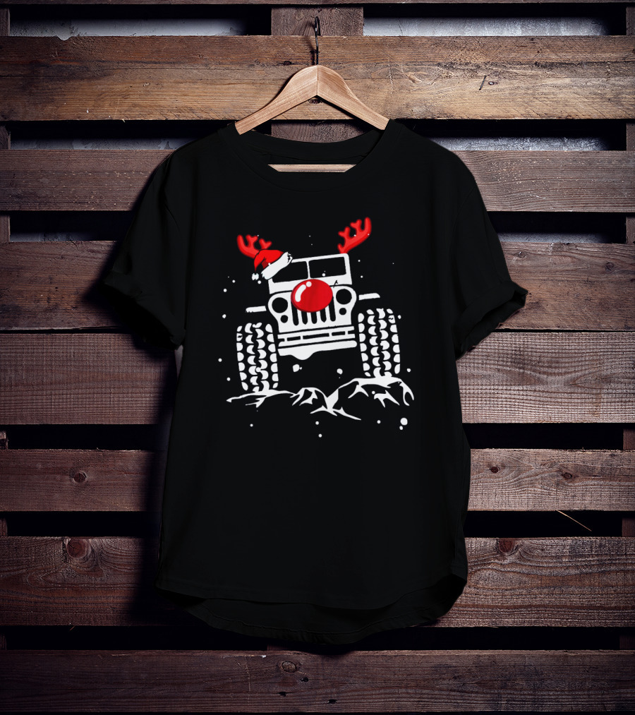 Jeep With Reindeer Antlers Santa Hat And Red Nose Christmas Holiday T-Shirt
