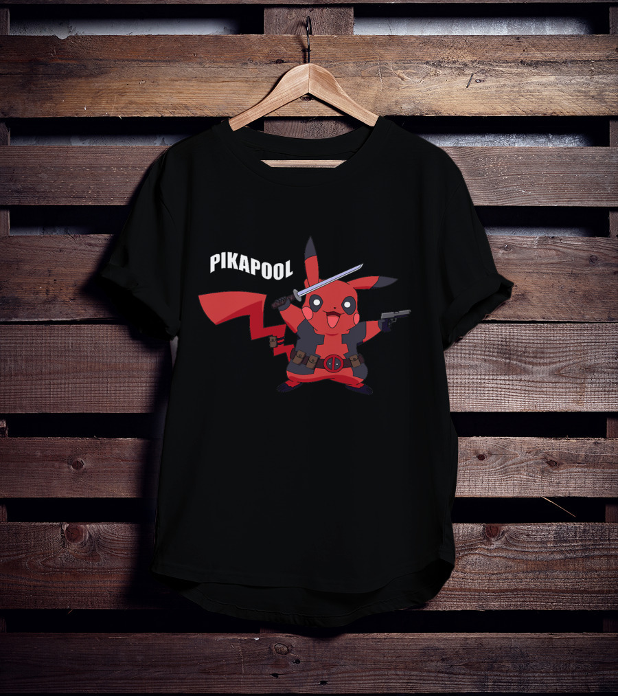 Pikapool Mashup: Funny Deadpool Pikachu With Sword And Gun T-Shirt