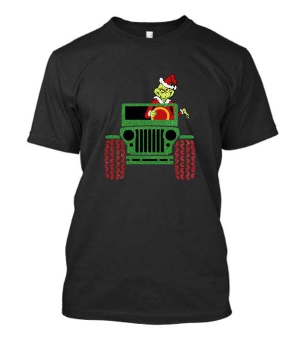 Grinch Santa Drives Christmas Green Jeep With Red Wheels T-Shirt