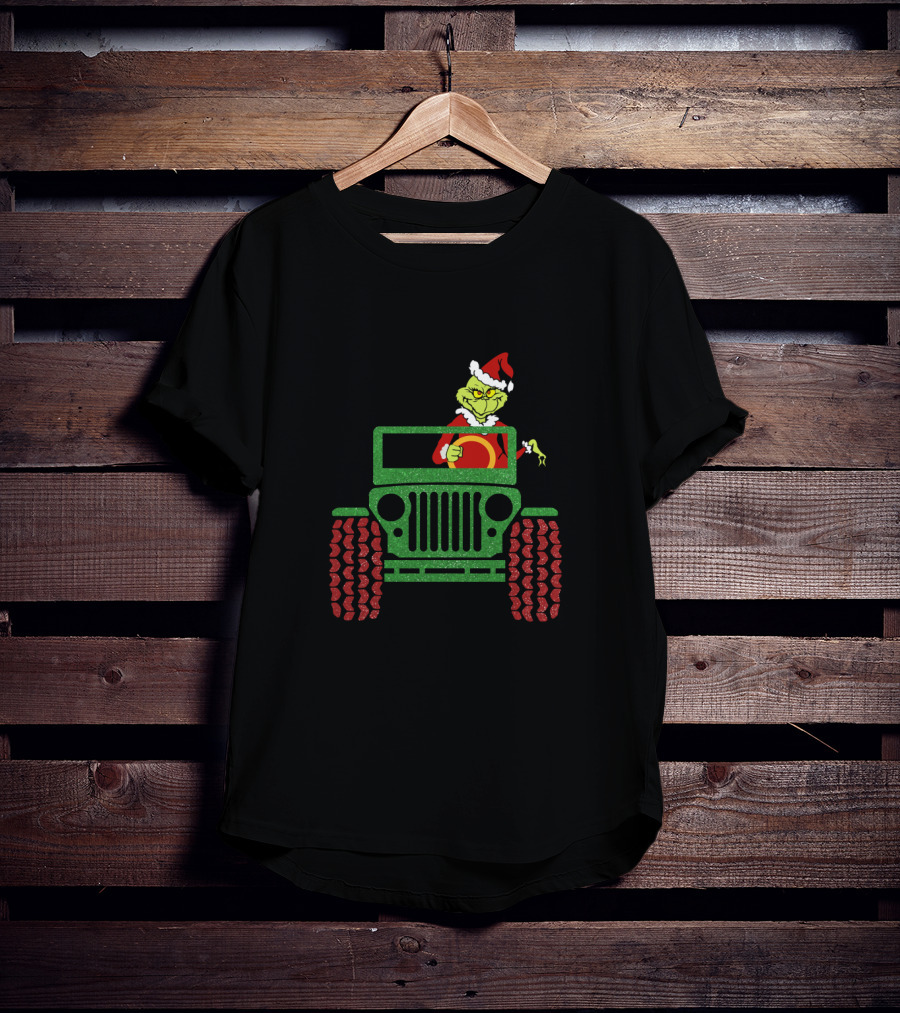 Grinch Santa Drives Christmas Green Jeep With Red Wheels T-Shirt