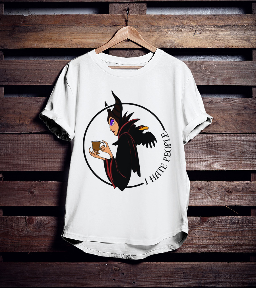 Maleficent Coffee Holding With I Hate People Text And Raven On Shoulder T-Shirt