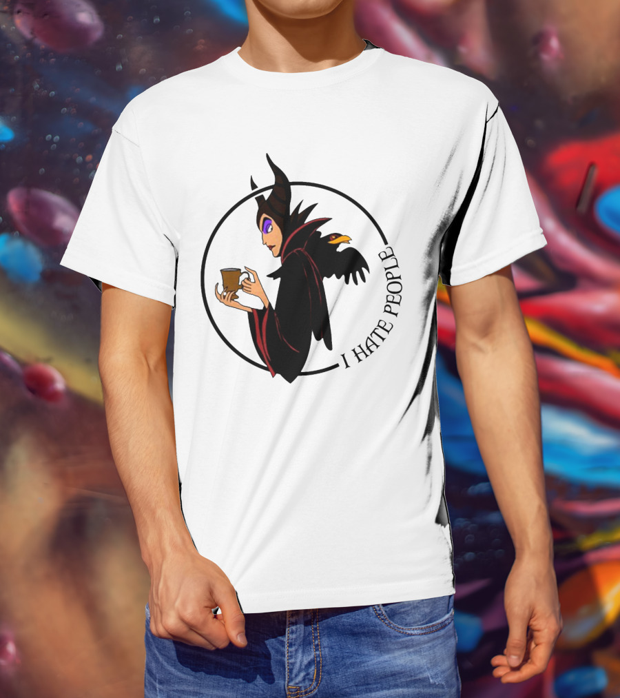 Maleficent Coffee Holding With I Hate People Text And Raven On Shoulder T-Shirt