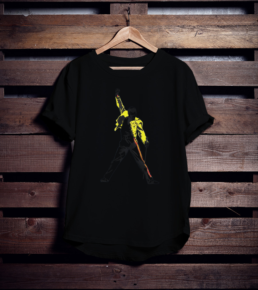 Queen Concert Iconic Freddie Mercury Silhouette With Yellow Jacket And Microphone T-Shirt