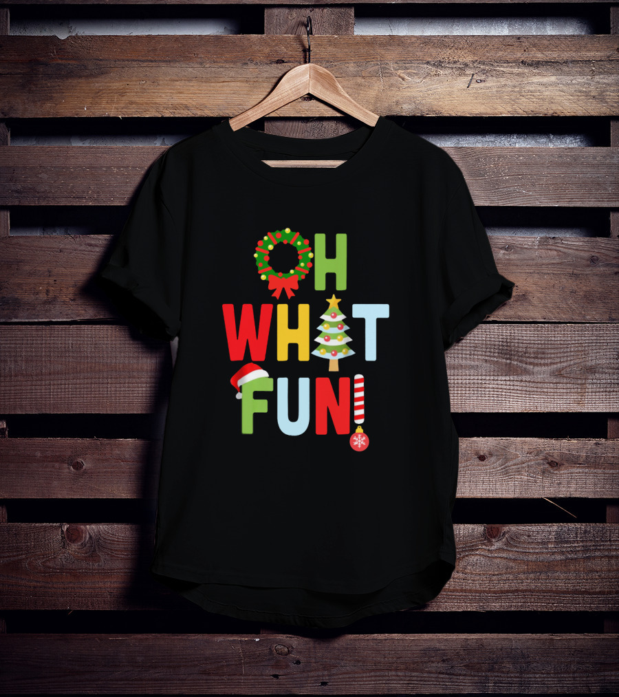 Oh What Fun Christmas With Wreath, Tree, Santa Hat, And Candy Cane T-Shirt