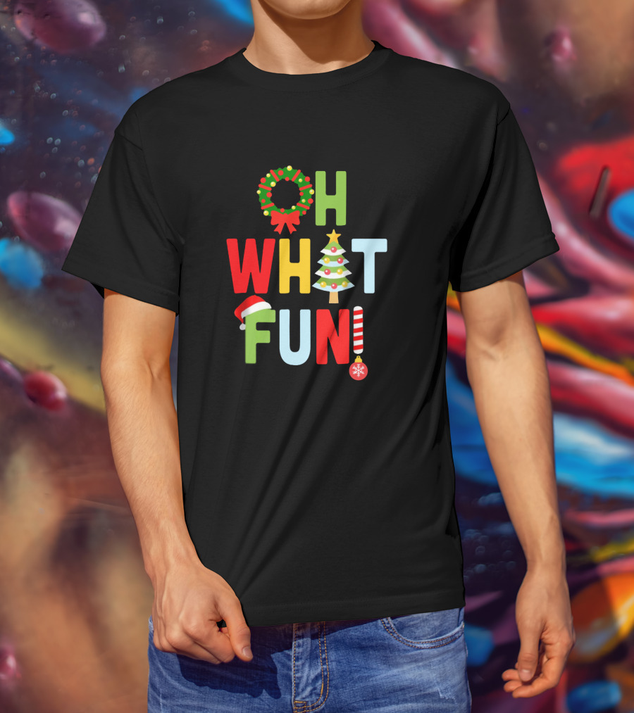 Oh What Fun Christmas With Wreath, Tree, Santa Hat, And Candy Cane T-Shirt