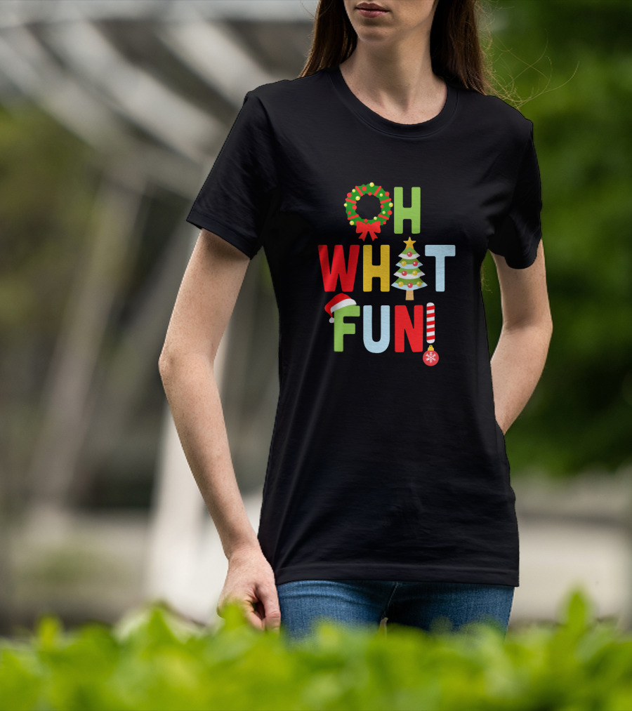 Oh What Fun Christmas With Wreath, Tree, Santa Hat, And Candy Cane T-Shirt