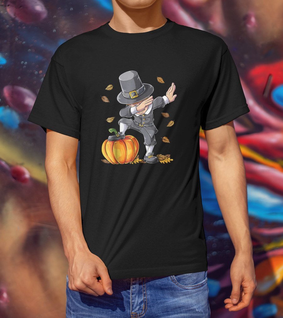 Pilgrim Dabbing On Pumpkin With Falling Autumn Leaves T-Shirt