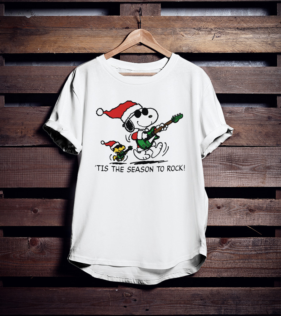 Snoopy And Woodstock Santa Rocking Guitars 'Tis The Season To Rock T-Shirt