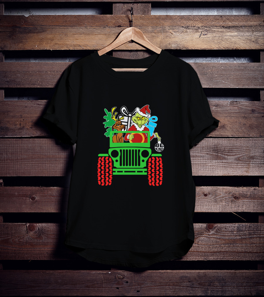 Be Kind Christmas Grinch And Dog In Jeep With Gifts T-Shirt