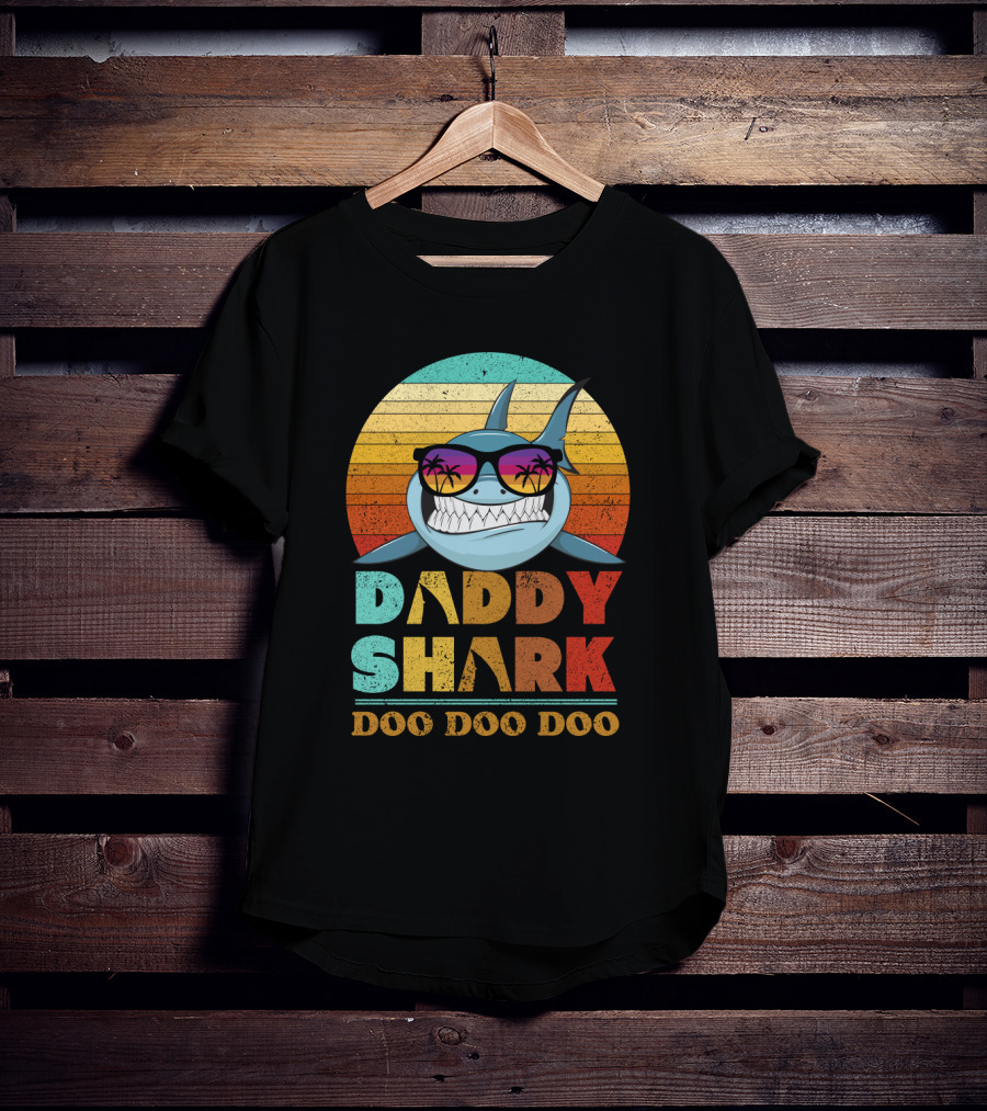 Daddy Shark Doo Doo Doo Retro Sunset Sunglasses Palms Colorful T-Shirt