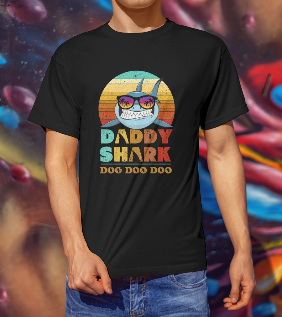 Daddy Shark Doo Doo Doo Retro Sunset Sunglasses Palms Colorful T-Shirt