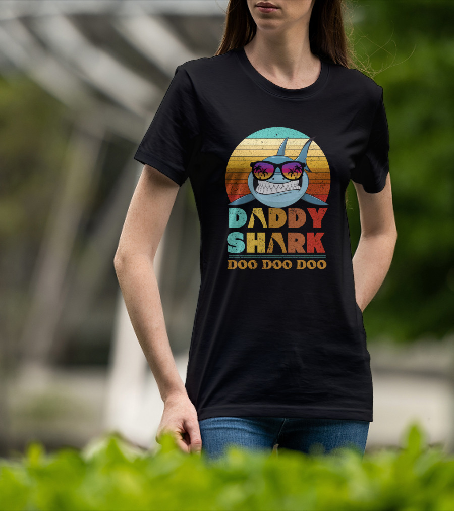 Daddy Shark Doo Doo Doo Retro Sunset Sunglasses Palms Colorful T-Shirt