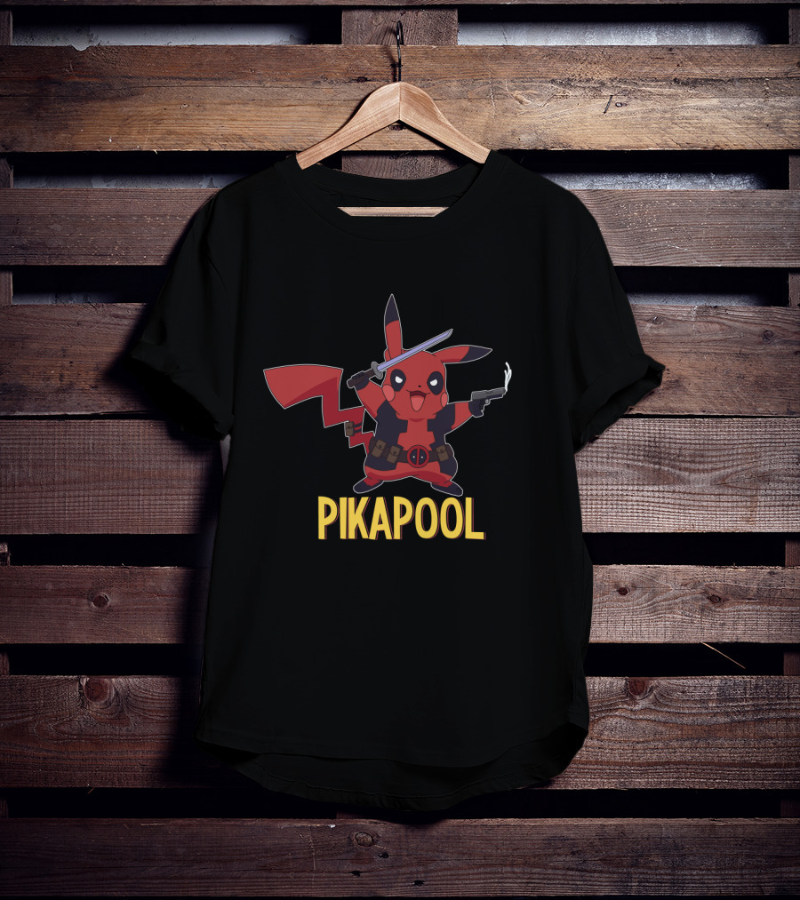 Pikapool Mashup Of Pikachu Deadpool Crossover Character With Sword And Pistol T-Shirt