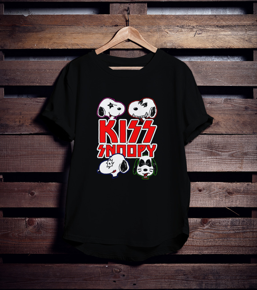Kiss Snoopy Cartoon Characters Heavy Metal Style Iconic Band Faces T-Shirt