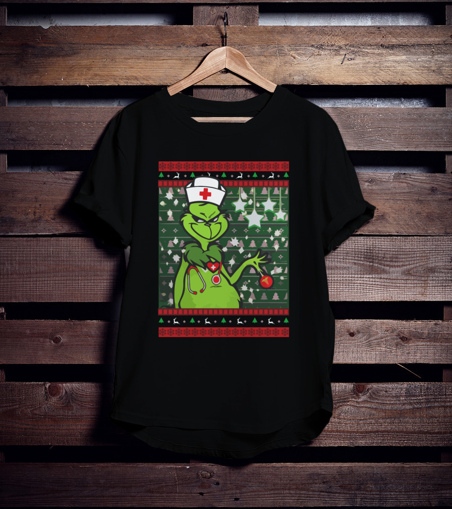 Nurse Ugly Sweater Merry Christmas Grinch With Nurse Hat And Stethoscope T-Shirt
