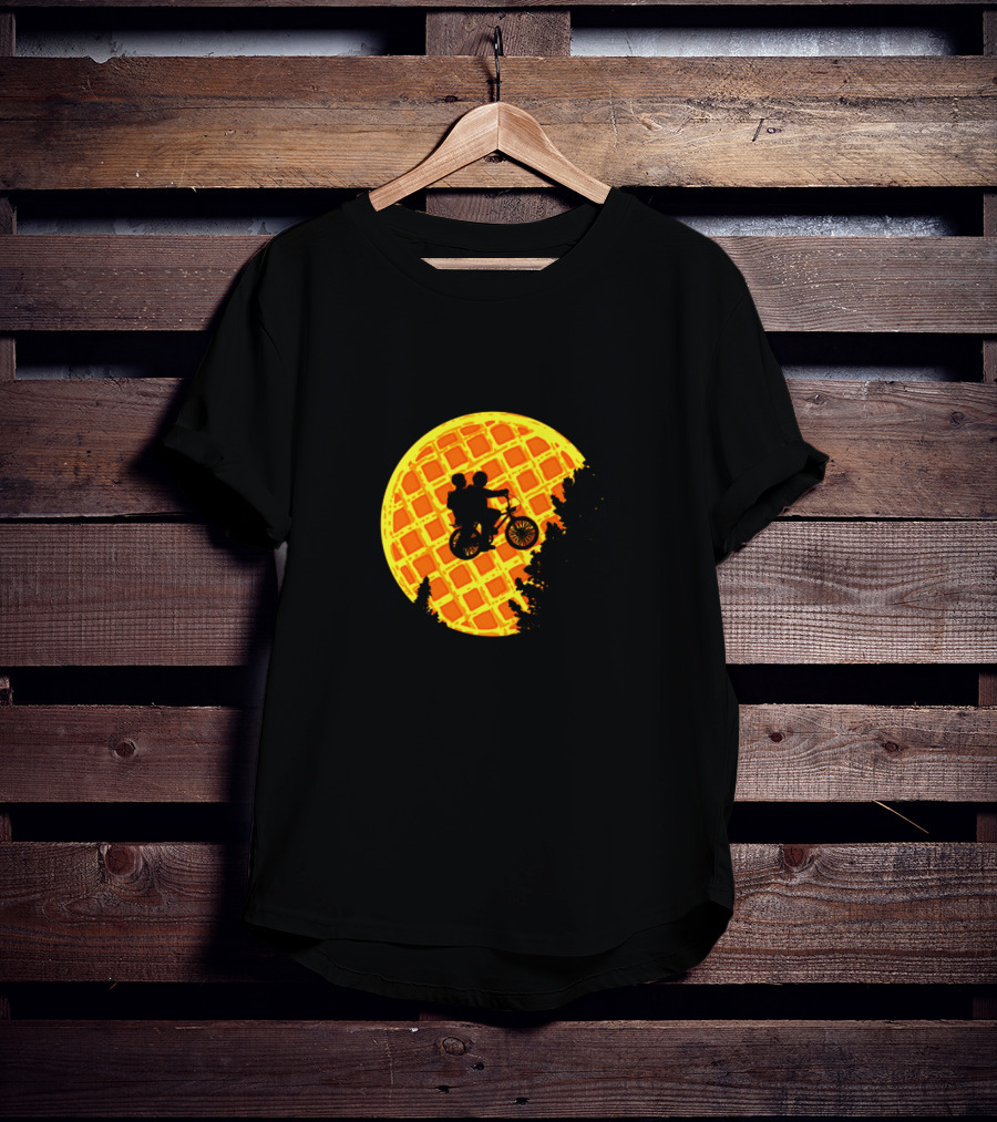 Stranger Things Bicycle Silhouette Against Waffle Moon T-Shirt