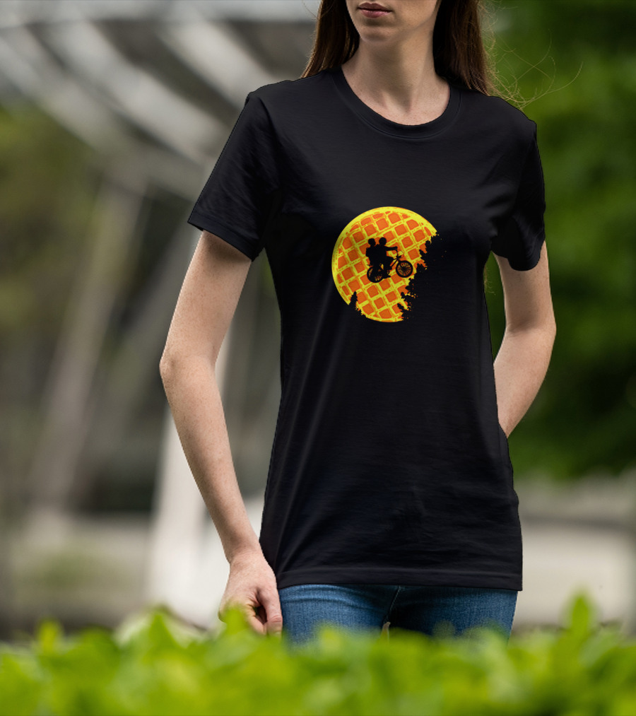 Stranger Things Bicycle Silhouette Against Waffle Moon T-Shirt