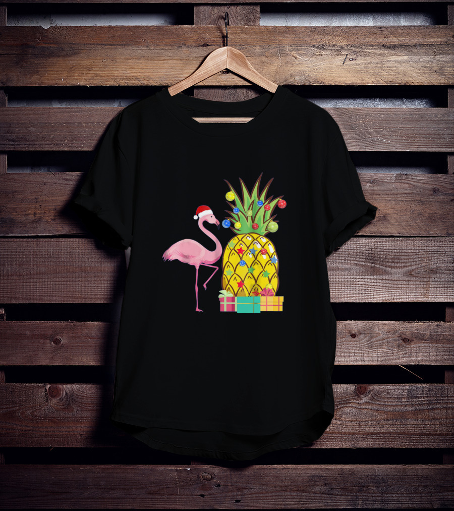 Santa Flamingo Christmas Pineapple With Colorful Ornaments And Holiday Gifts T-Shirt