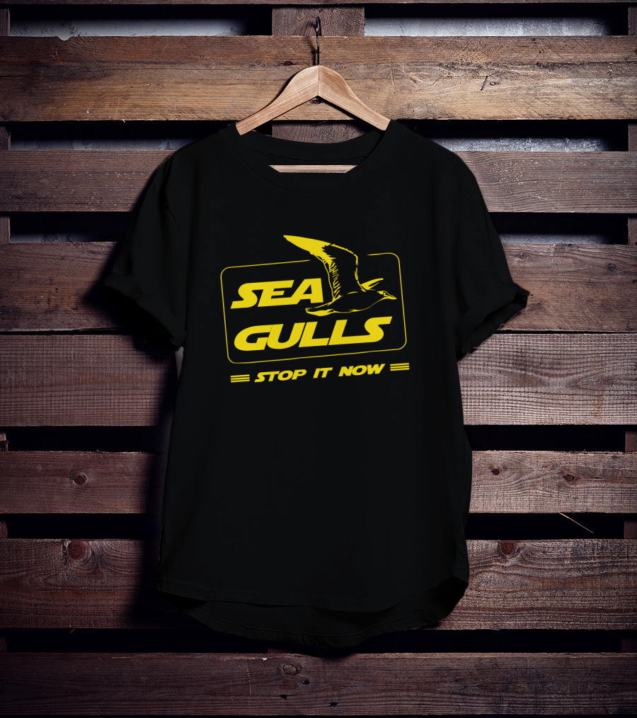 Seagulls Stop It Now Parody With Text In Bold Yellow Box Featuring Bird T-Shirt