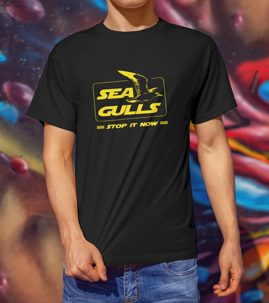 Seagulls Stop It Now Parody With Text In Bold Yellow Box Featuring Bird T-Shirt