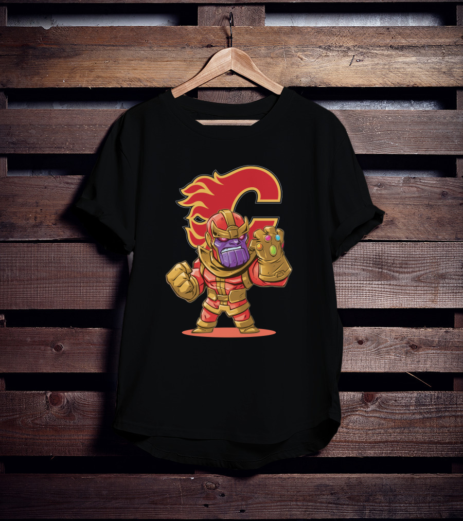 Thanos In Calgary Flames Colors With Team Logo Background T-Shirt