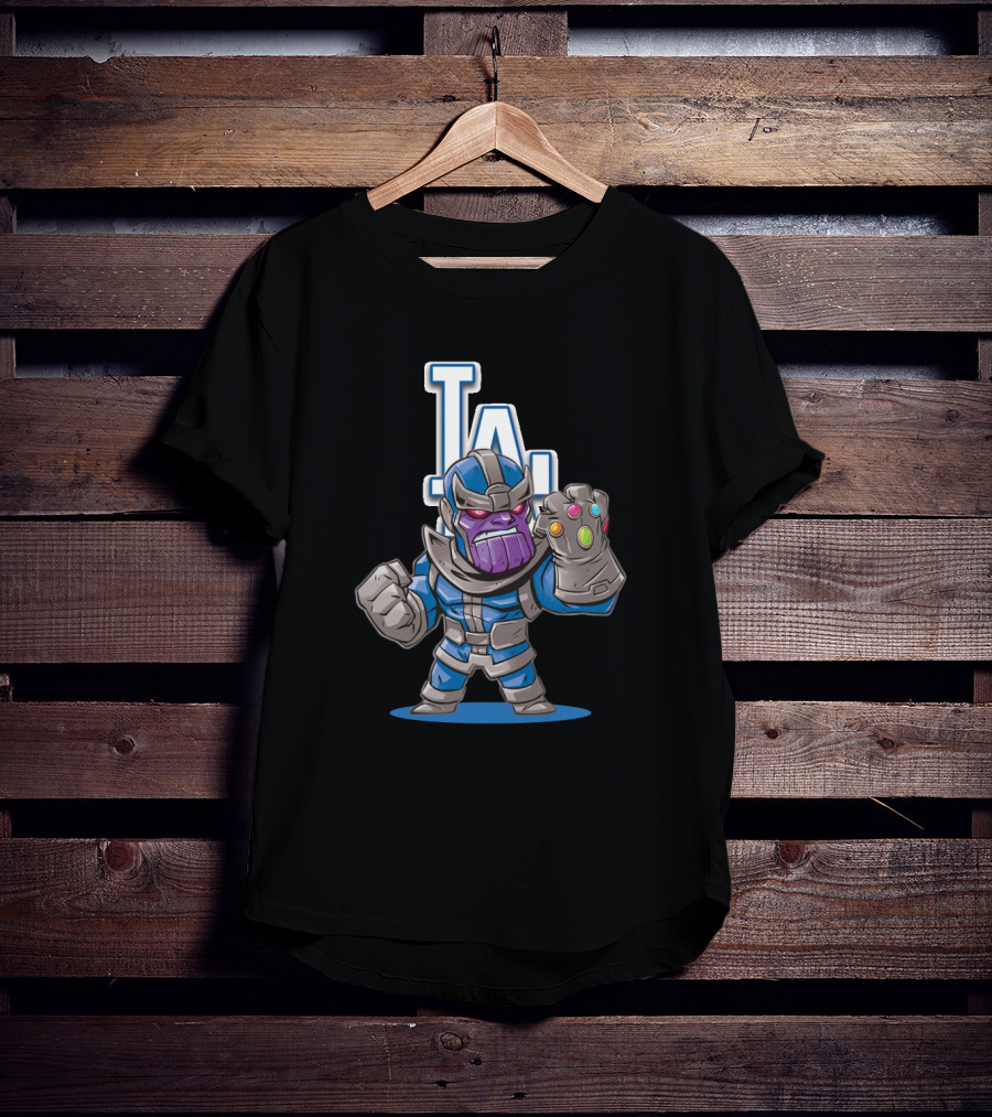 Thanos In Los Angeles Dodgers Colors With Infinity Gauntlet Front Of LA T-Shirt